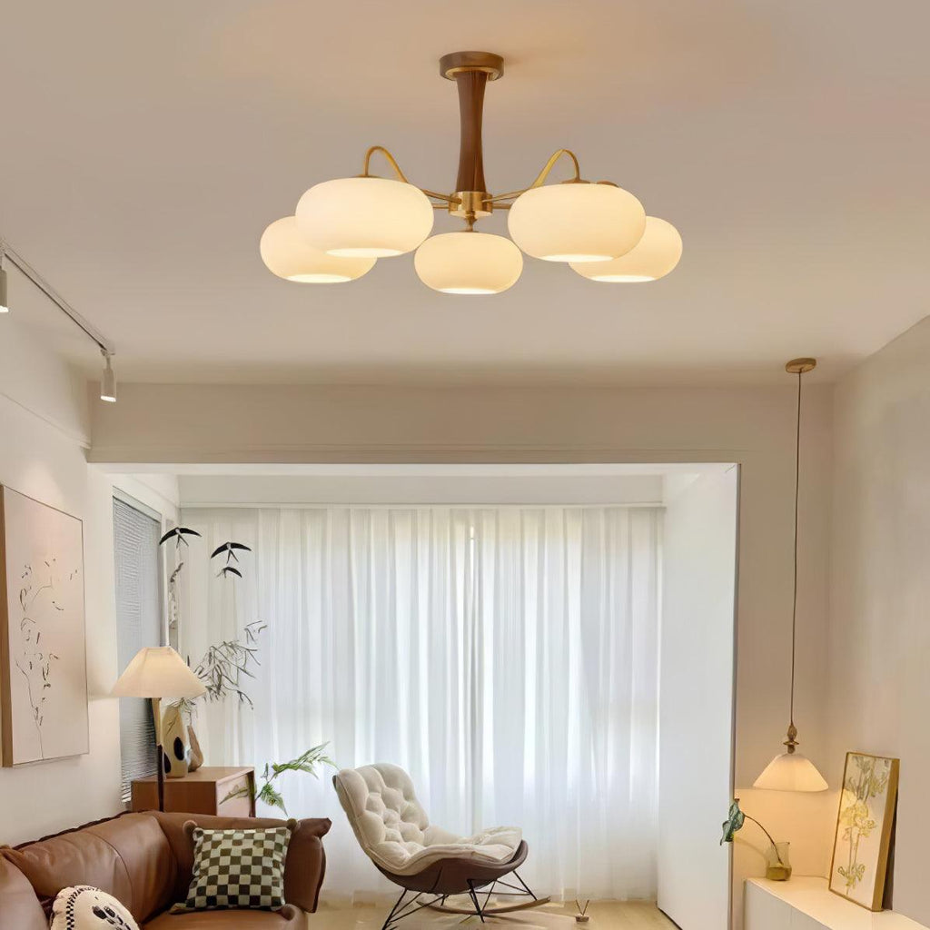 Brass Wooden Persimmon Chandelier | Intricate Glass Design & LED Compatible for Living Room, Hallway, or Bedroom