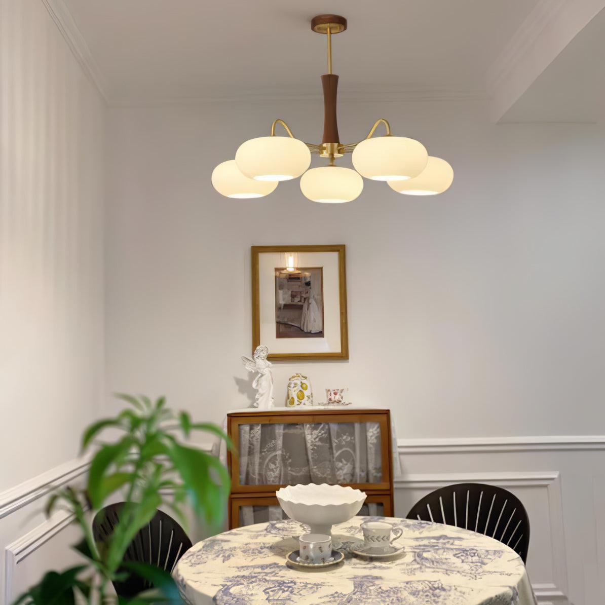 Brass Wooden Persimmon Chandelier | Intricate Glass Design & LED Compatible for Living Room, Hallway, or Bedroom