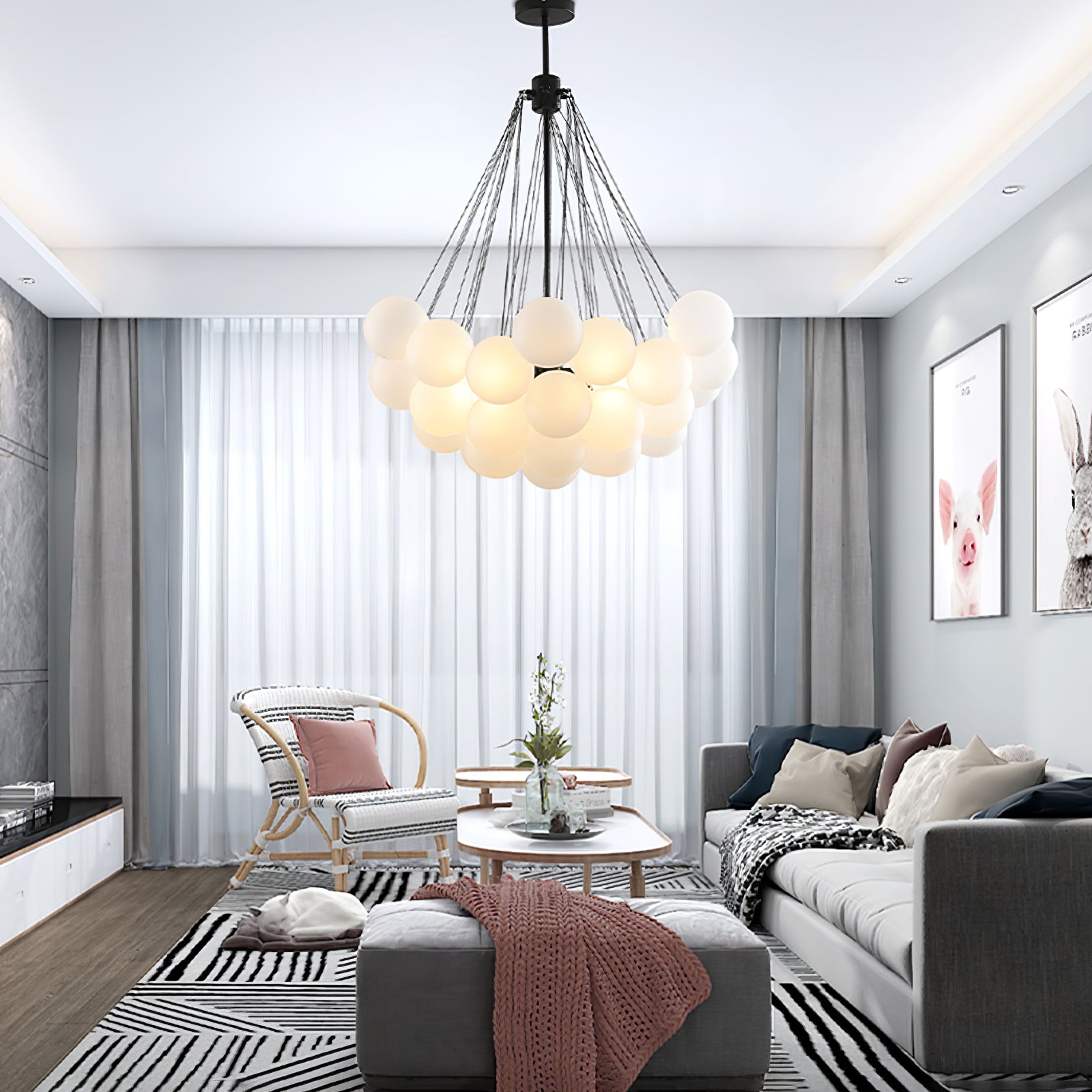 LED Bubble Chandelier Light Fixture - Modern Round Pendant for Dining Room & Living Room Decor