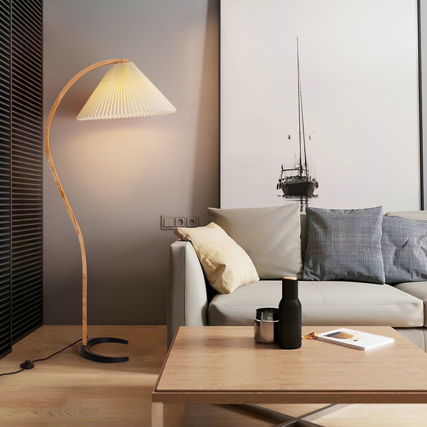 Scandinavian Floor Lamp | Beech Wood & Linen Shade in White, Beige, or Coffee for Modern Indoor Spaces