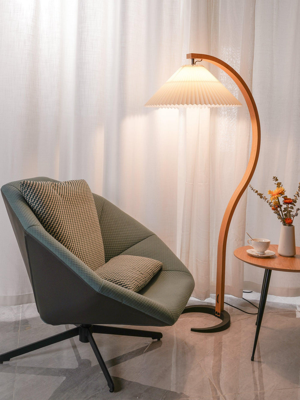 Scandinavian Floor Lamp | Beech Wood & Linen Shade in White, Beige, or Coffee for Modern Indoor Spaces