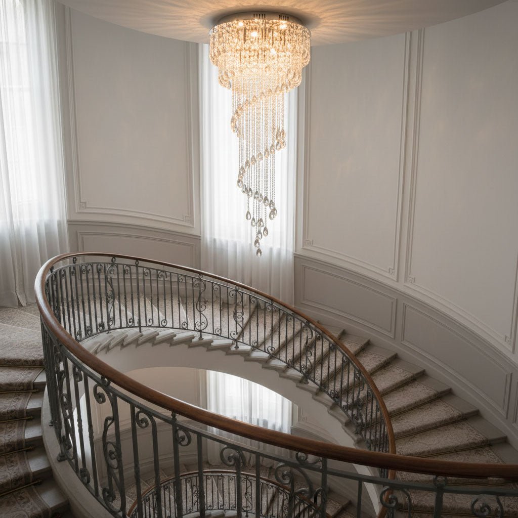 LED Spiral Chandelier | Crystal & Stainless Steel, Warm to Cool Light Options for Indoor Staircases