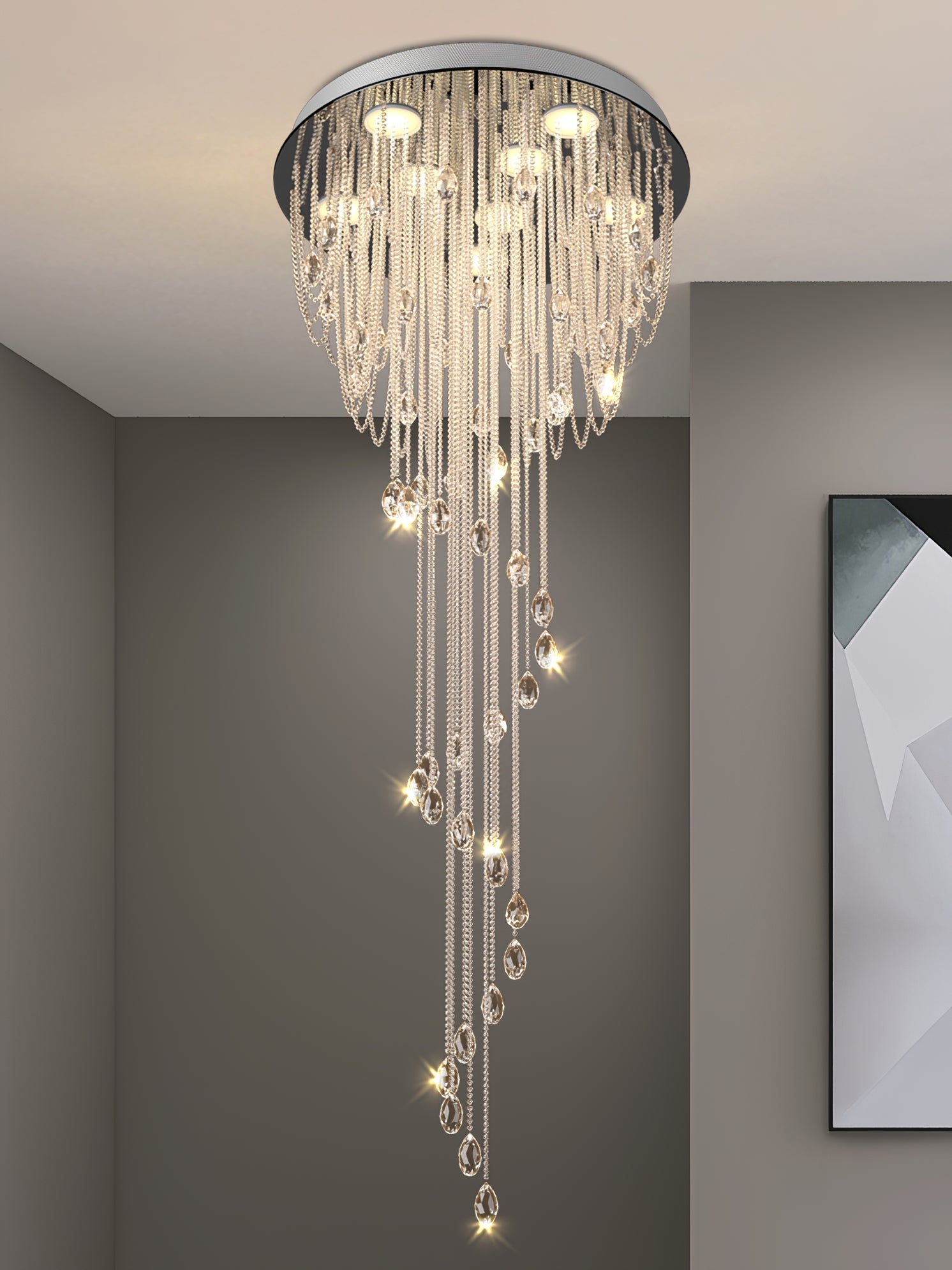 LED Spiral Chandelier | Crystal & Stainless Steel, Warm to Cool Light Options for Indoor Staircases