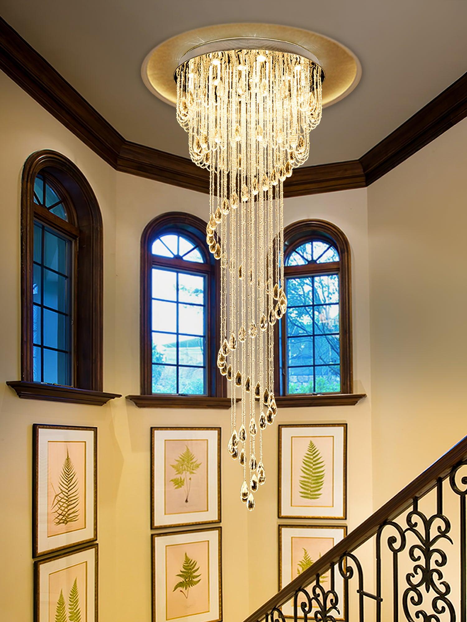 LED Spiral Chandelier | Crystal & Stainless Steel, Warm to Cool Light Options for Indoor Staircases