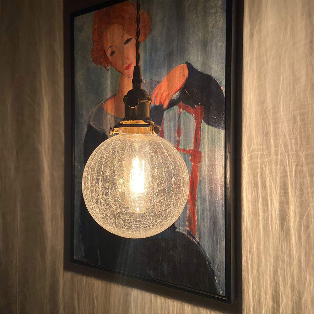Crackle Glass Pendant Light Fixture - Vintage Style Hanging Lamp for Kitchen Island & Dining Room