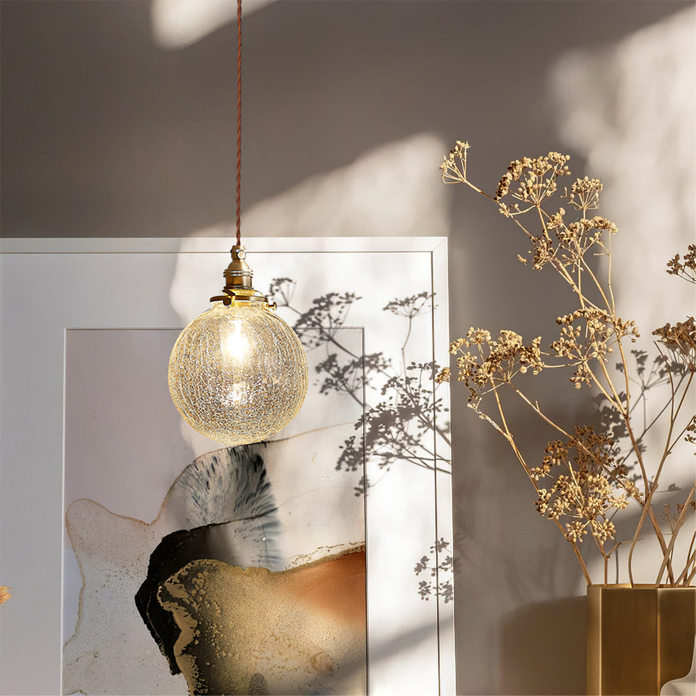 Crackle Glass Pendant Light Fixture - Vintage Style Hanging Lamp for Kitchen Island & Dining Room