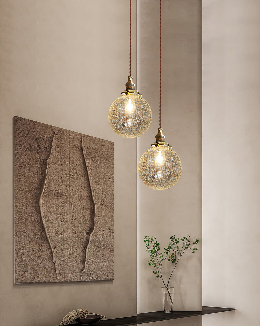 Crackle Glass Pendant Light Fixture - Vintage Style Hanging Lamp for Kitchen Island & Dining Room