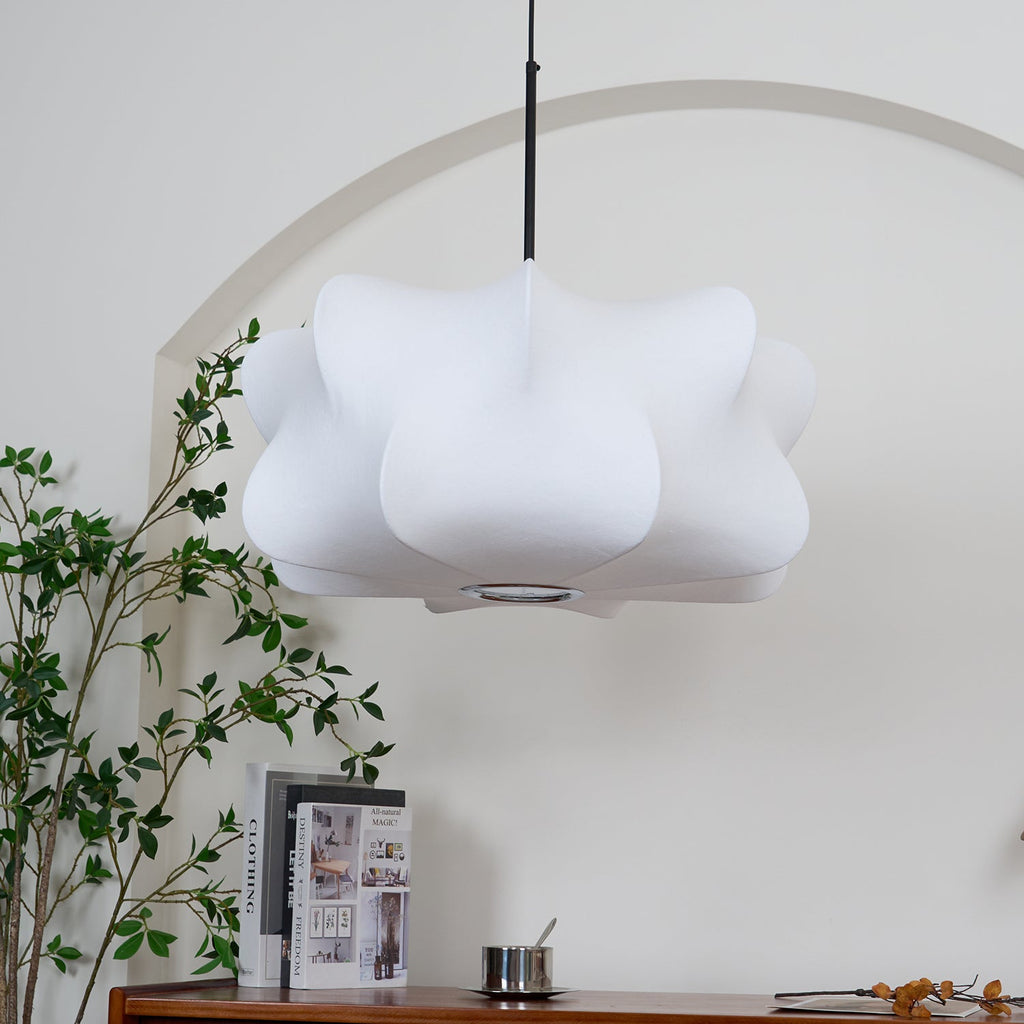 Cocoon-Style Pendant Light | Silk & Iron, Adjustable Height for Dining Room & Living Room