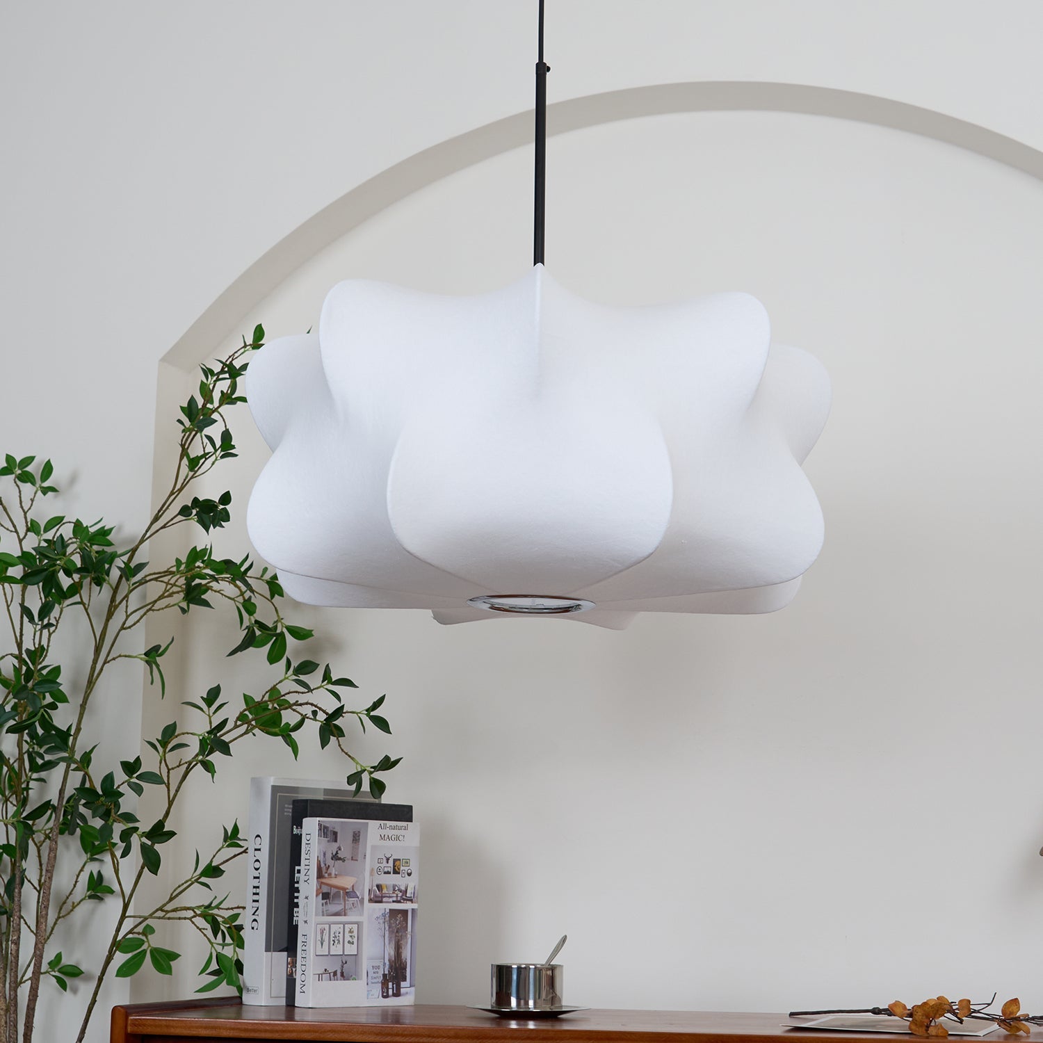 Cocoon-Style Pendant Light | Silk & Iron, Adjustable Height for Dining Room & Living Room