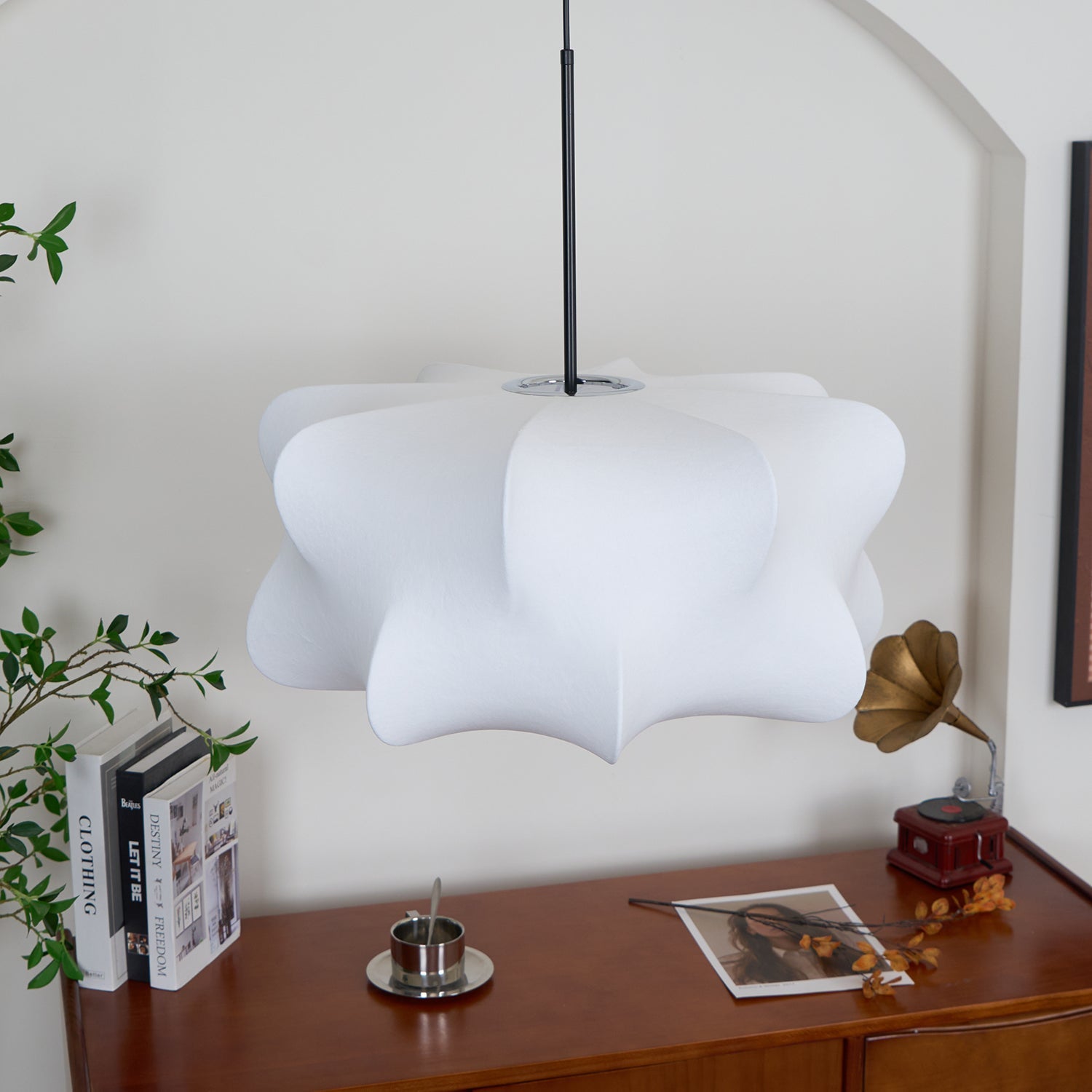 Cocoon-Style Pendant Light | Silk & Iron, Adjustable Height for Dining Room & Living Room