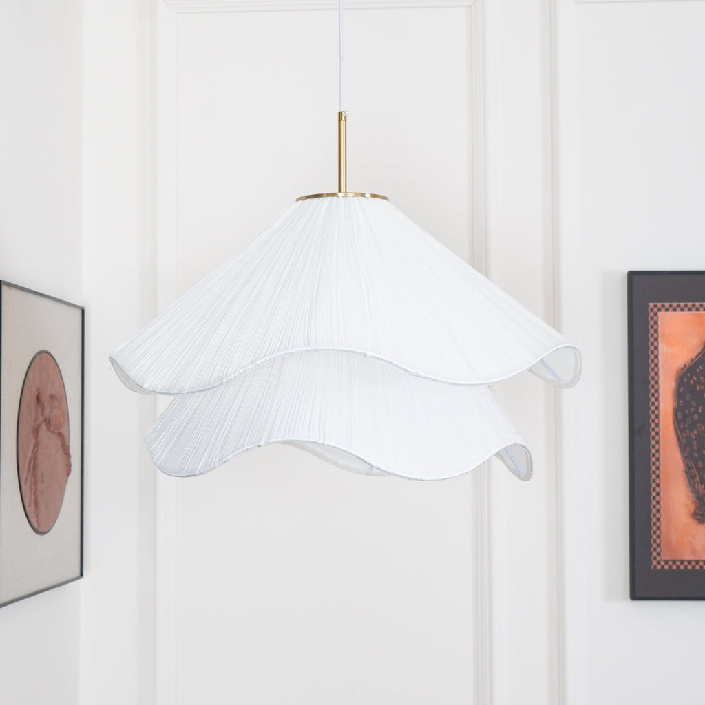 Ethereal Bloom Plug-in Pendant Light | White Fabric Shade, Gold Hardware & Ideal for Dining Rooms and Living Spaces