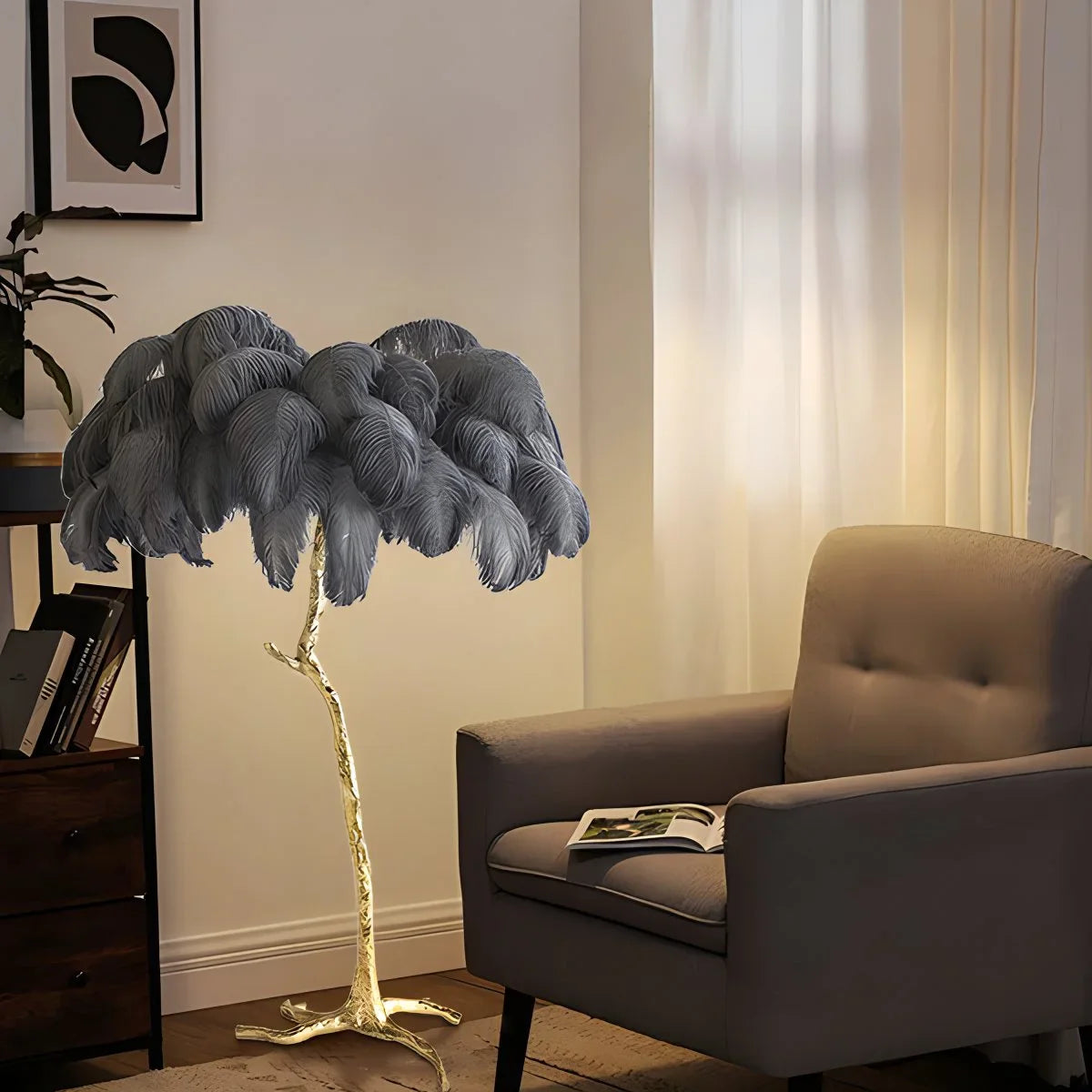 LED Floor Lamp with Feather Palm Design for Living Room & Tropical Decor