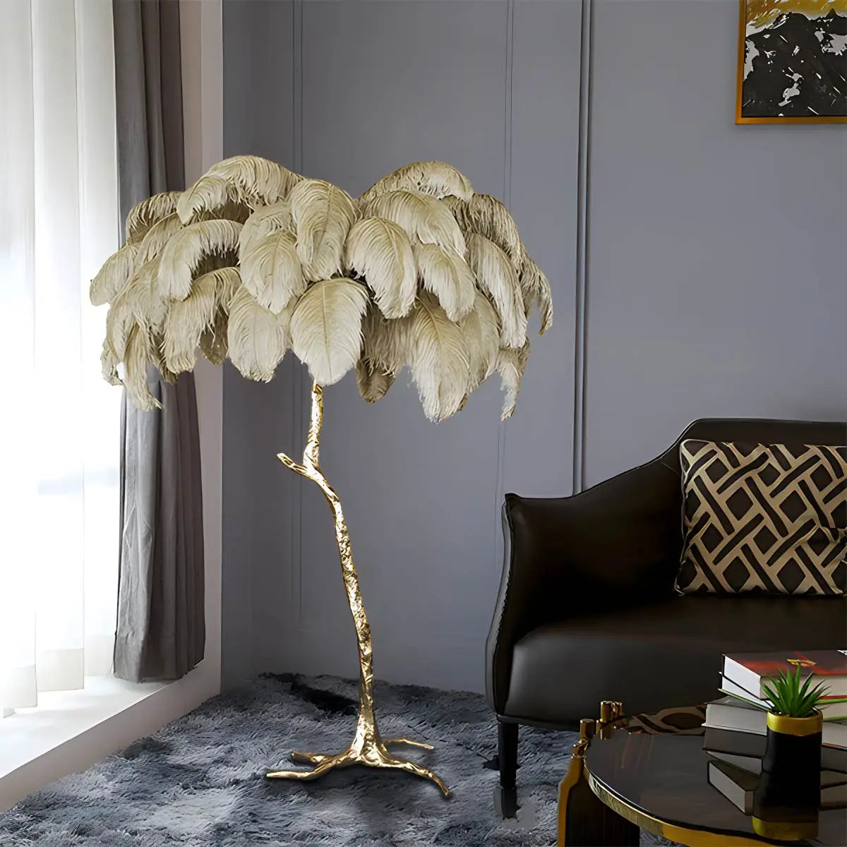 LED Floor Lamp with Feather Palm Design for Living Room & Tropical Decor