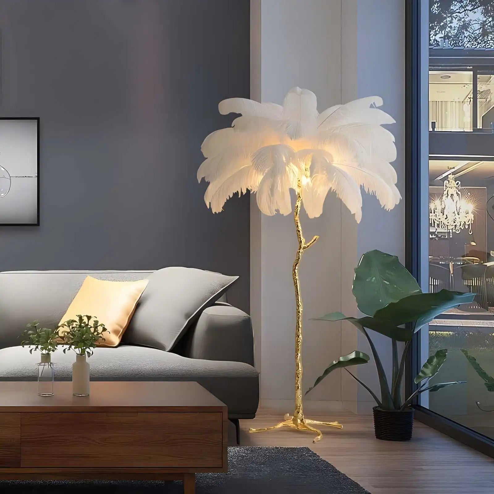 LED Floor Lamp with Feather Palm Design for Living Room & Tropical Decor