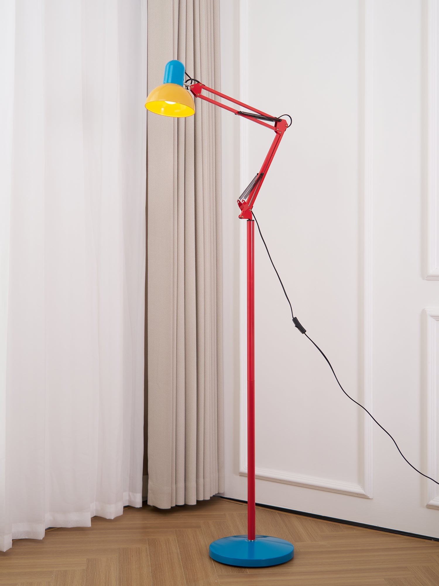 LED Floor Lamp | Adjustable Multi-Jointed Arm, Bright Blue Base & Yellow Shade for Home Office or Reading