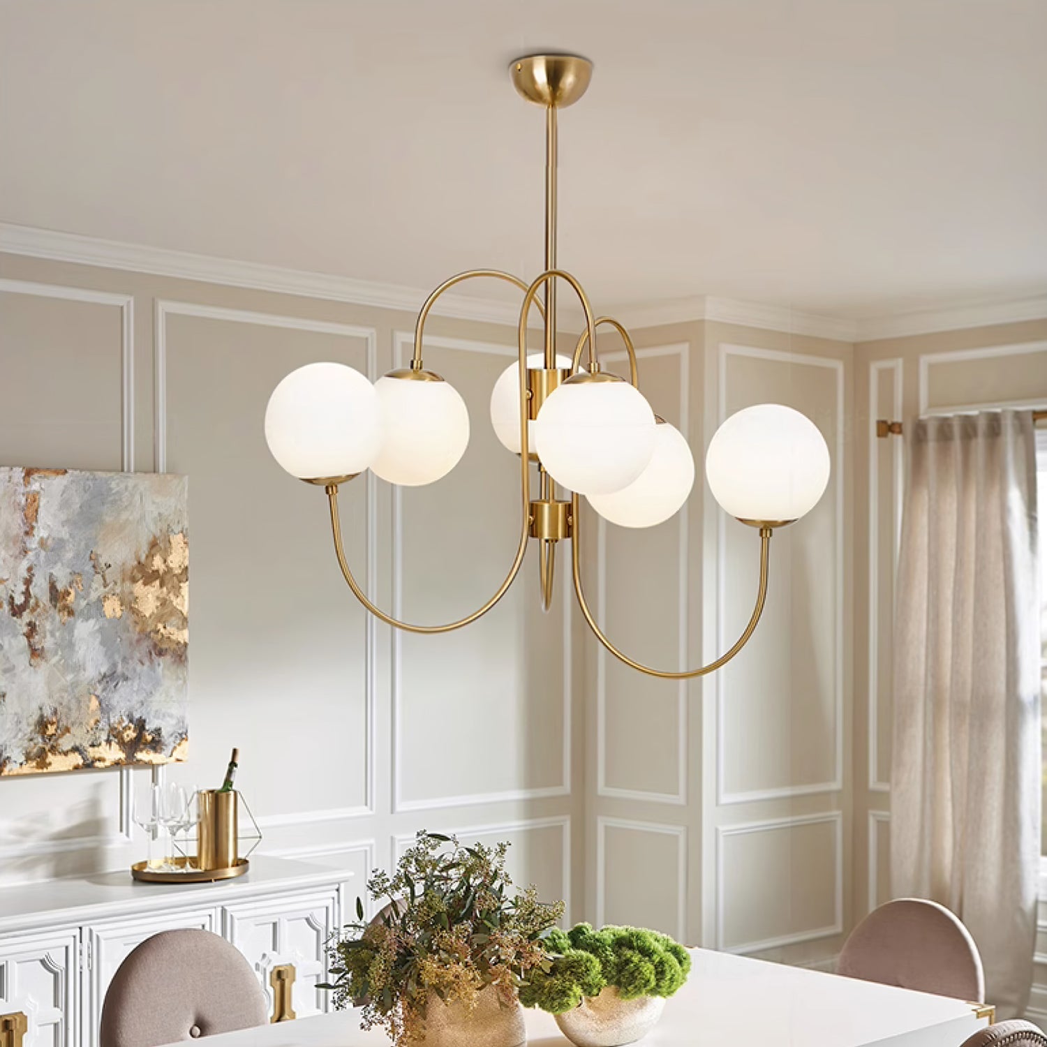 Gooseneck Chandelier | Wrought Iron & Glass, Damp-Rated for Indoor Use in Contemporary or Mid-Century Modern Spaces