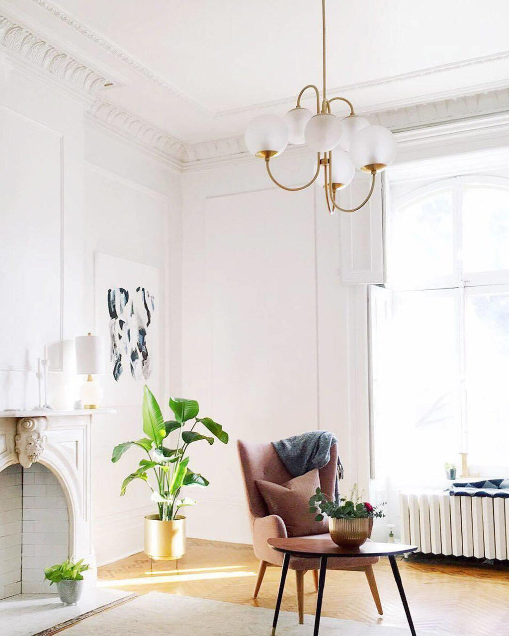 Gooseneck Chandelier | Wrought Iron & Glass, Damp-Rated for Indoor Use in Contemporary or Mid-Century Modern Spaces