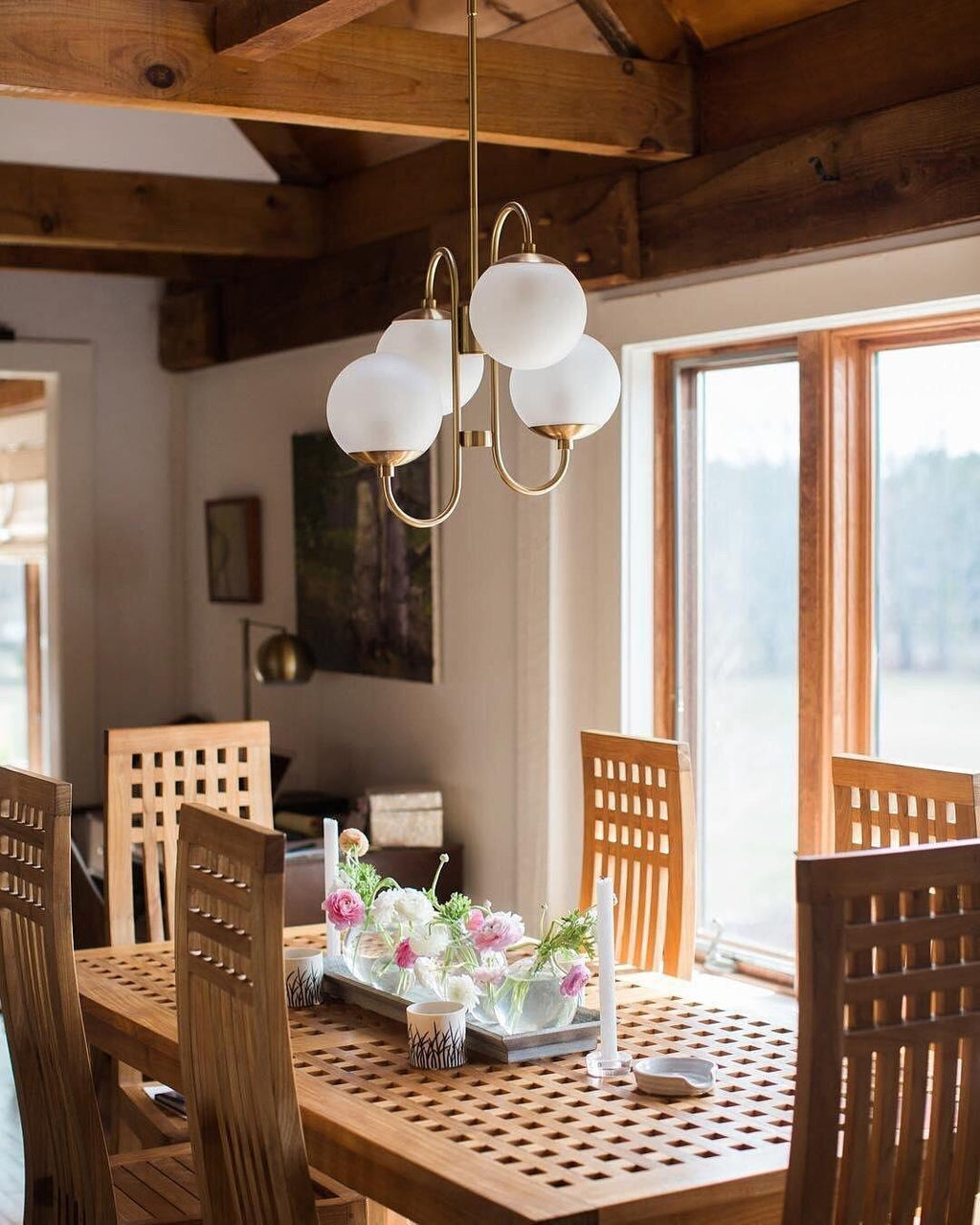 Gooseneck Chandelier | Wrought Iron & Glass, Damp-Rated for Indoor Use in Contemporary or Mid-Century Modern Spaces