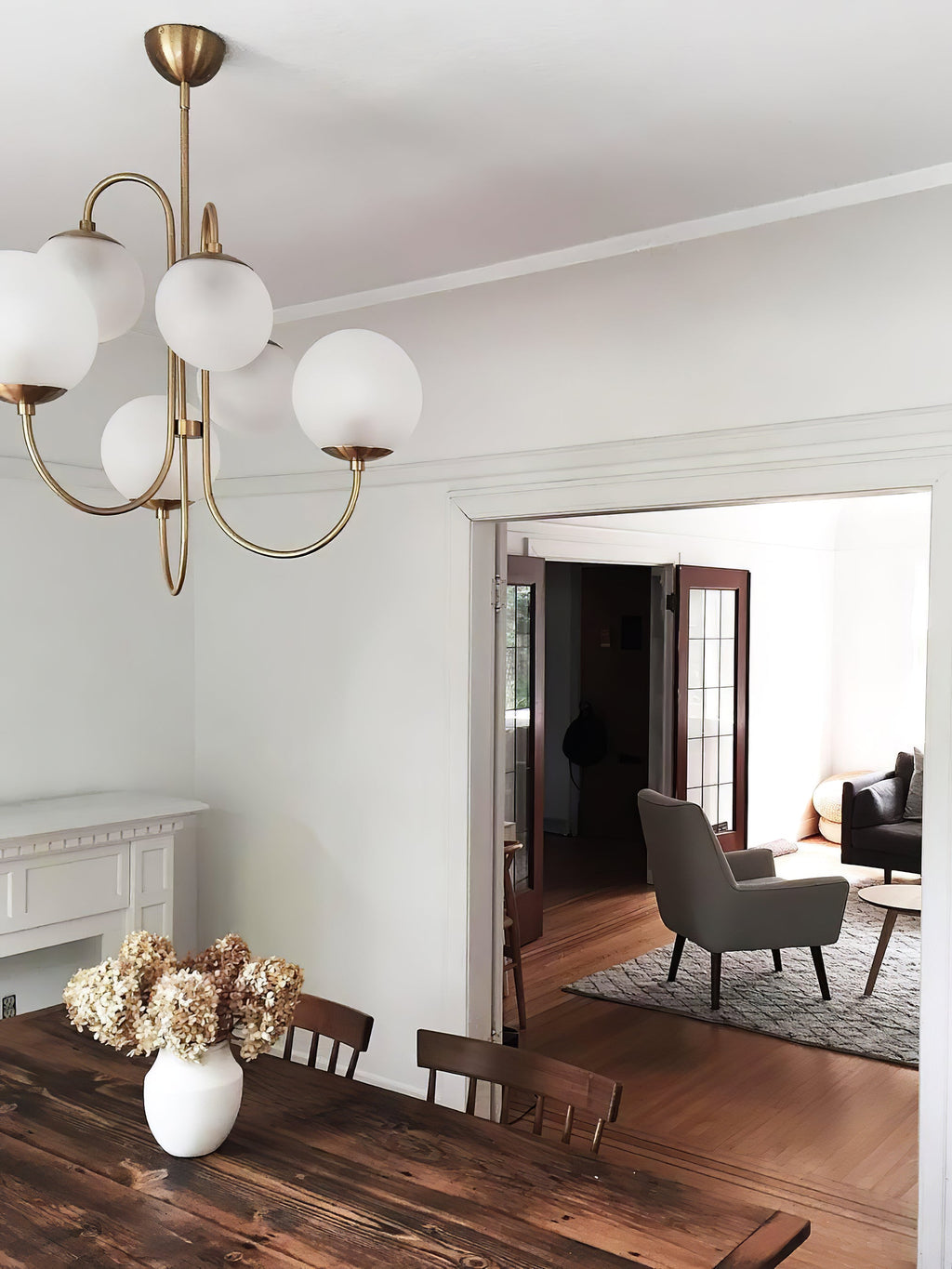 Gooseneck Chandelier | Wrought Iron & Glass, Damp-Rated for Indoor Use in Contemporary or Mid-Century Modern Spaces