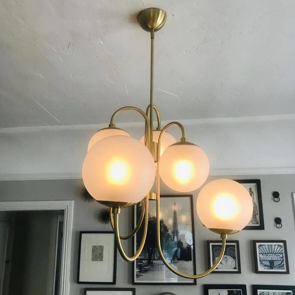 Gooseneck Chandelier | Wrought Iron & Glass, Damp-Rated for Indoor Use in Contemporary or Mid-Century Modern Spaces