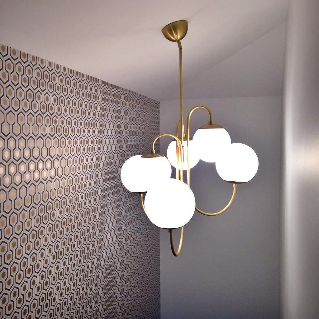 Gooseneck Chandelier | Wrought Iron & Glass, Damp-Rated for Indoor Use in Contemporary or Mid-Century Modern Spaces