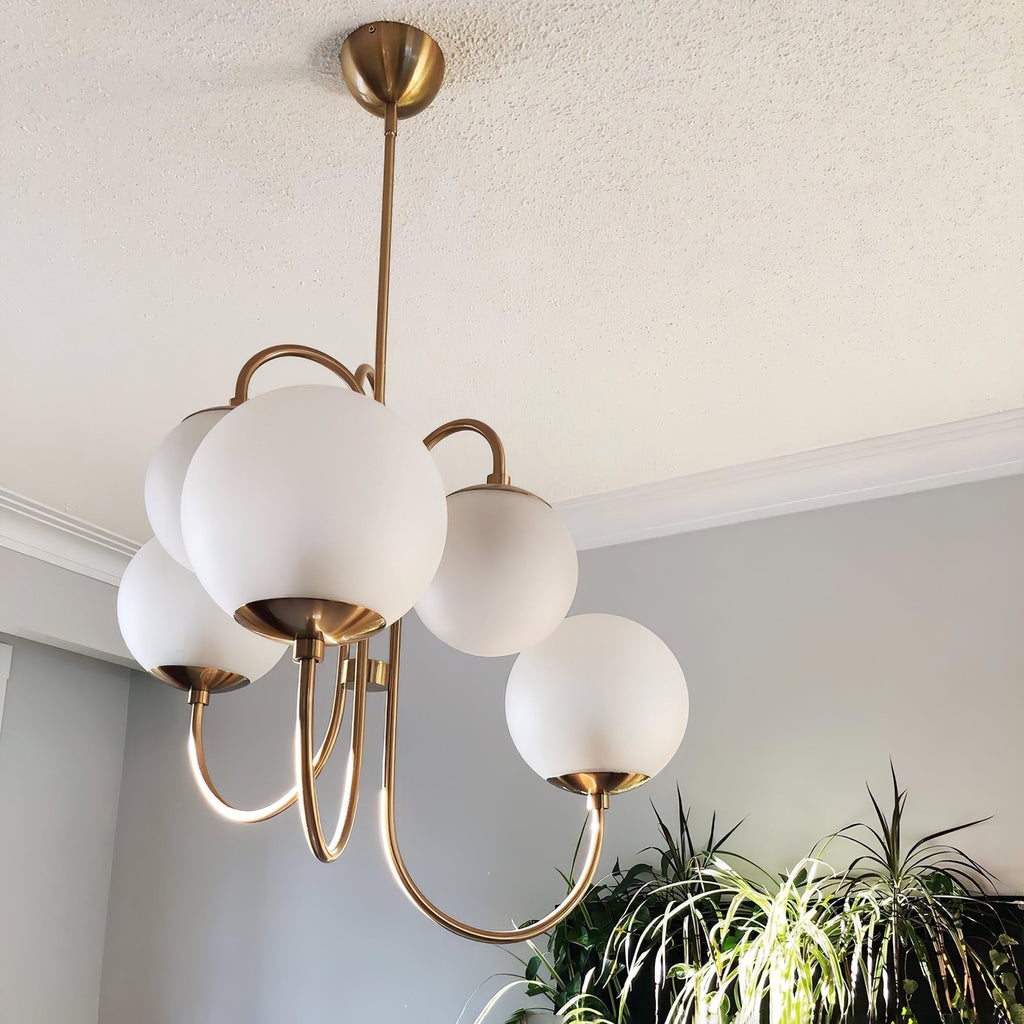 Gooseneck Chandelier | Wrought Iron & Glass, Damp-Rated for Indoor Use in Contemporary or Mid-Century Modern Spaces