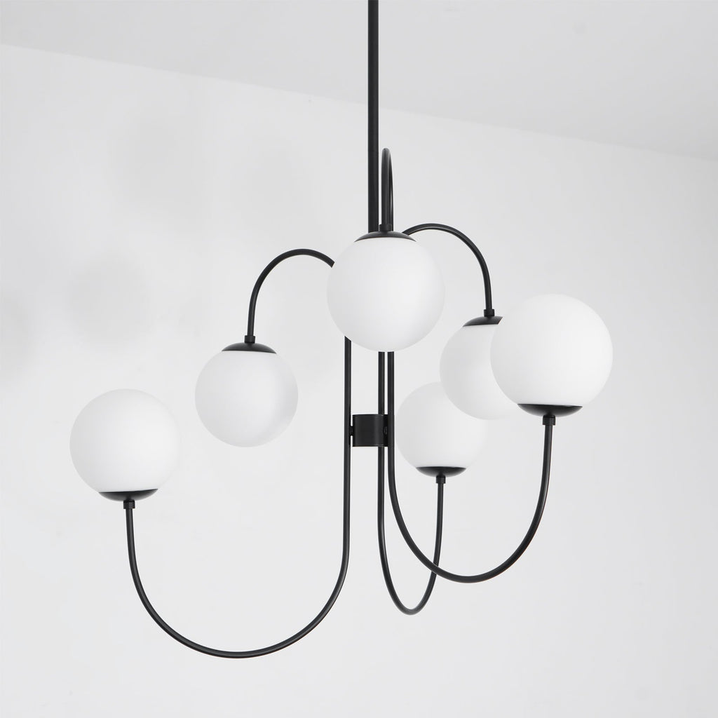 Gooseneck Chandelier | Wrought Iron & Glass, Damp-Rated for Indoor Use in Contemporary or Mid-Century Modern Spaces