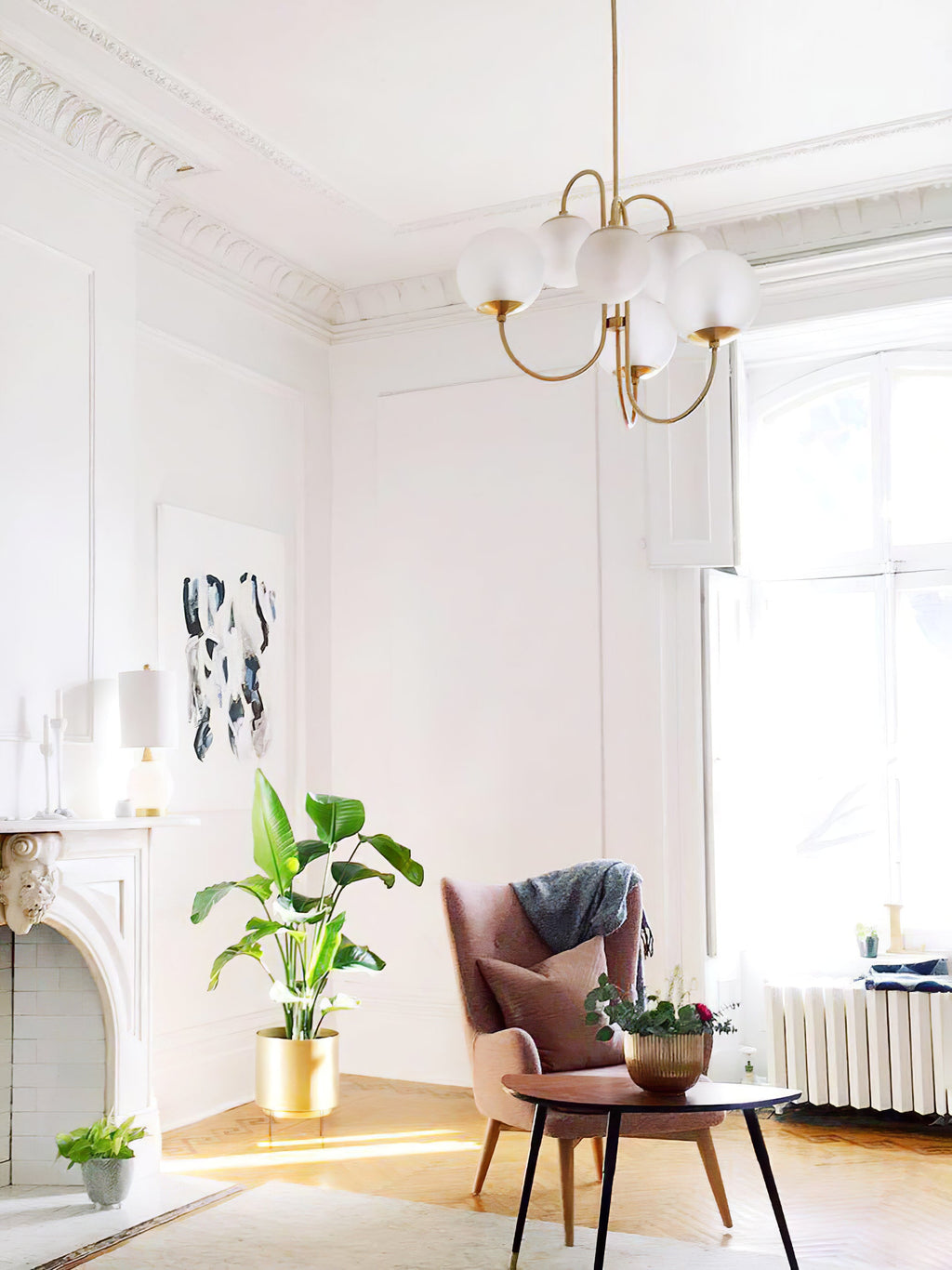 Gooseneck Chandelier | Wrought Iron & Glass, Damp-Rated for Indoor Use in Contemporary or Mid-Century Modern Spaces