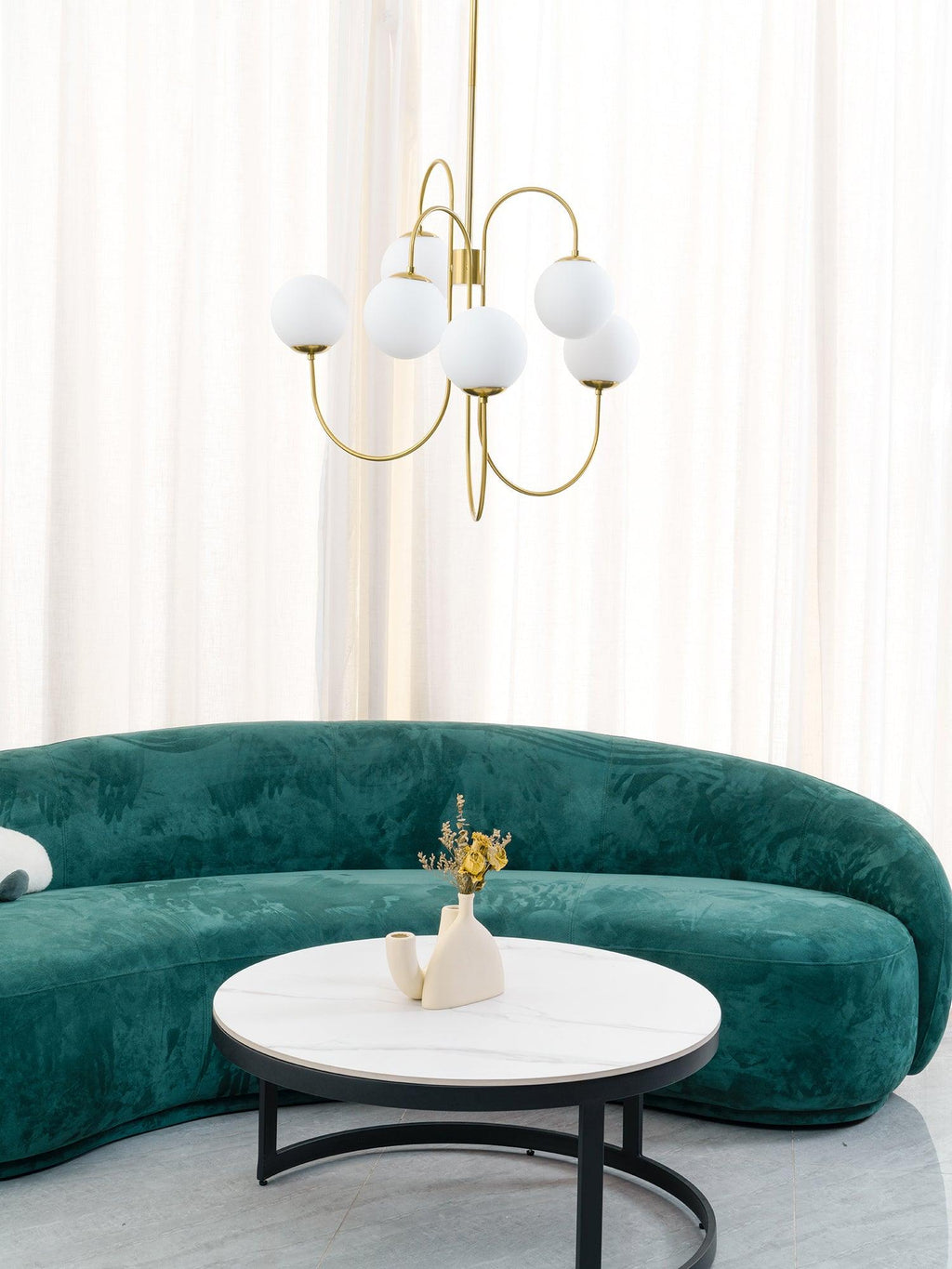 Gooseneck Chandelier | Wrought Iron & Glass, Damp-Rated for Indoor Use in Contemporary or Mid-Century Modern Spaces