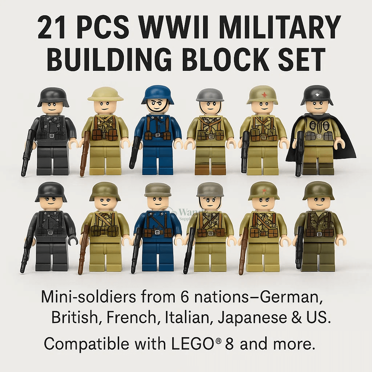 21PCs/set WWII Army Military Building Blocks German France Italy Japan Britain