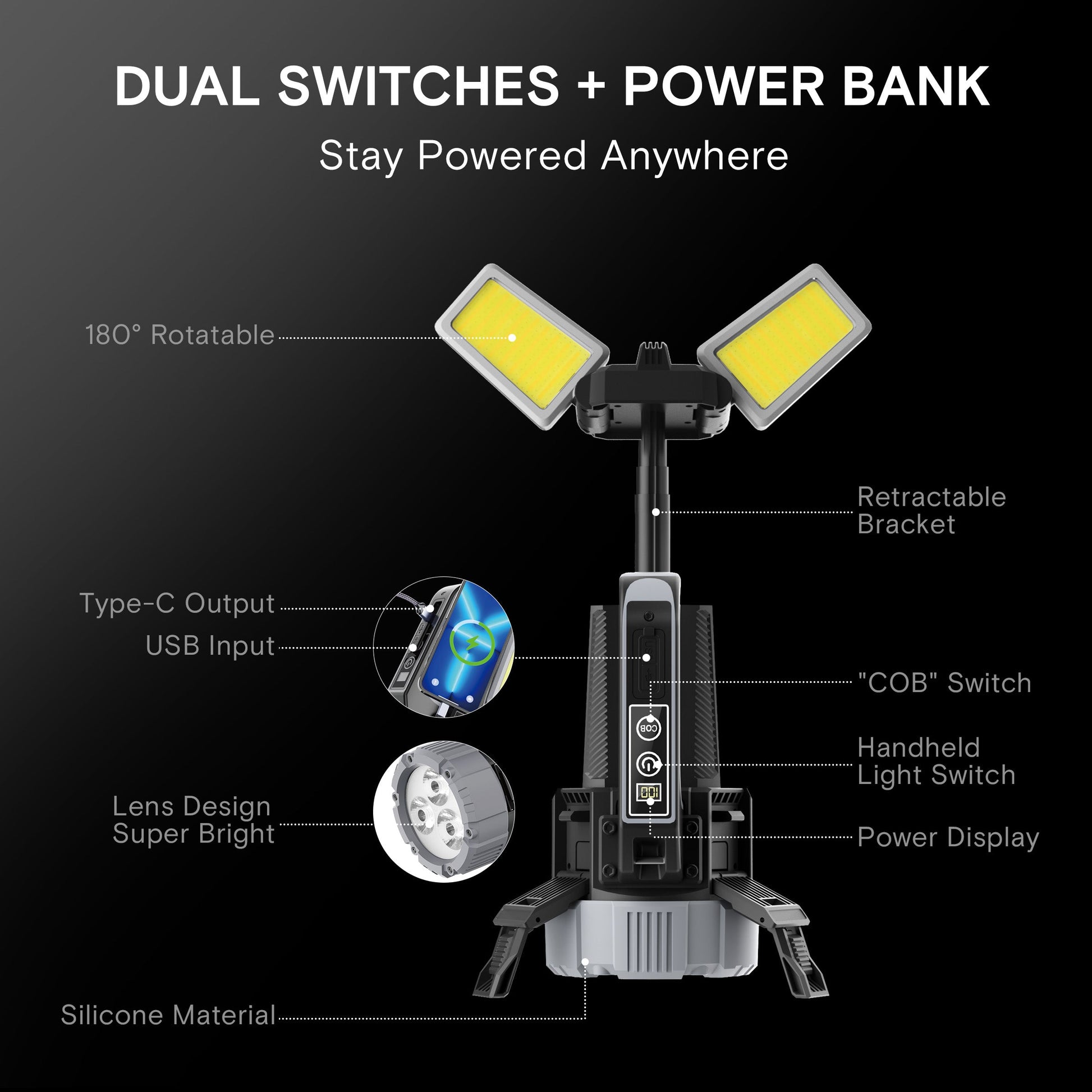 LED Multi-Function Flashlight - Portable, Extendable, Adjustable Brightness & Color Temperature for Outdoor & Emergency Use