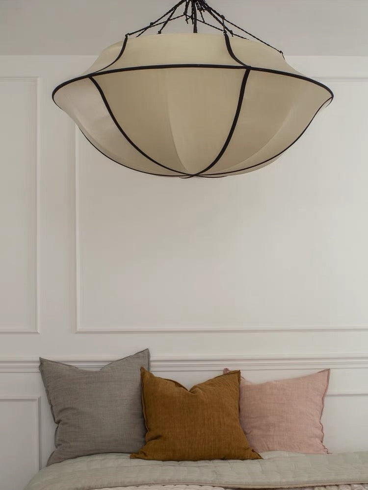 Silk Umbrella Chandelier in Cream White - Vintage French Style Lighting Fixture for Dining Room & Entryway