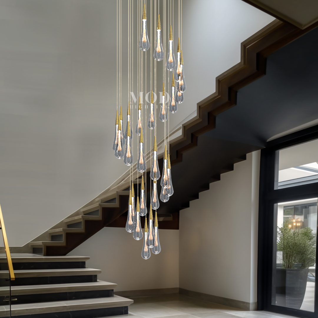 Modern Hanging Chandelier - Crystal Raindrop Spiral Light for High Ceilings & Contemporary Spaces | Smoked Glass Design