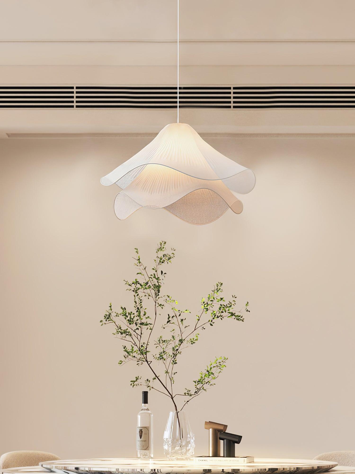 Ethereal Bloom Plug-in Pendant Light | White Fabric Shade, Gold Hardware & Ideal for Dining Rooms and Living Spaces