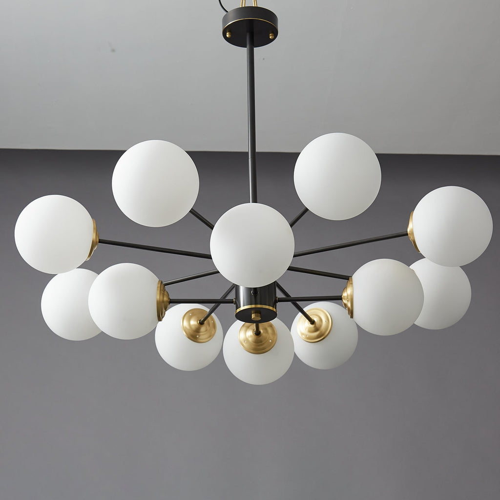 Modern Brass Orb Chandelier | Frosted Glass, 6-8 Lights & Ideal for Dining Rooms and Living Areas