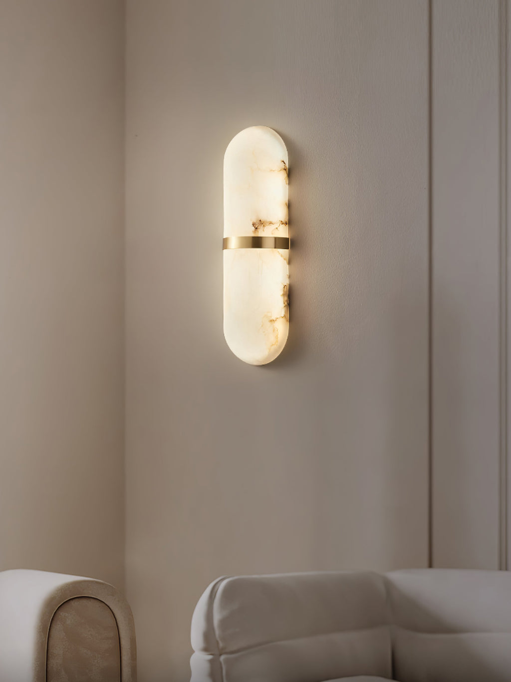 Alabaster Wall Light Fixture | Hand-Carved Natural Stone with Warm LED, Black or Brass Finish for Modern Indoor Accent Lighting