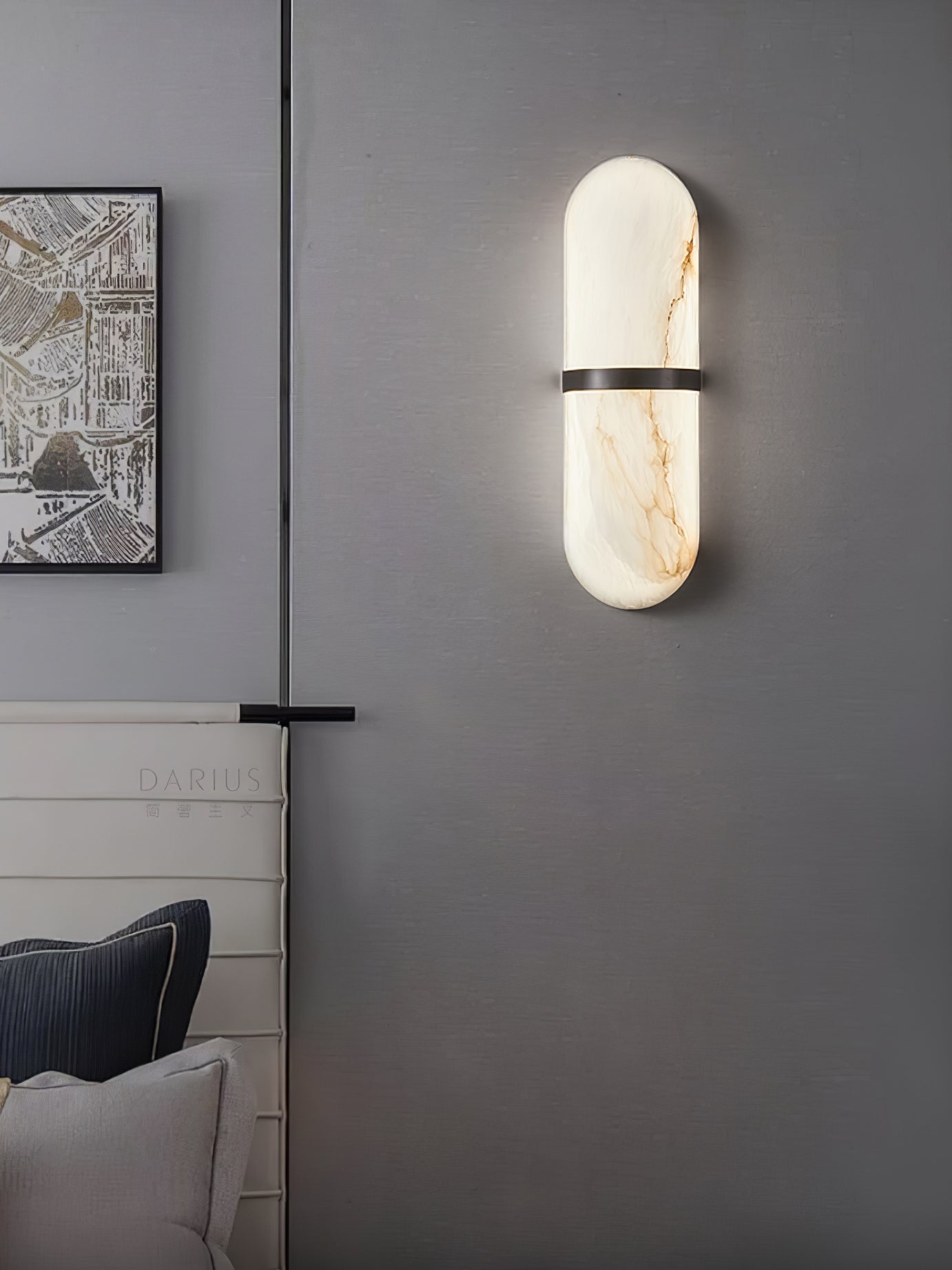 Alabaster Wall Light Fixture | Hand-Carved Natural Stone with Warm LED, Black or Brass Finish for Modern Indoor Accent Lighting
