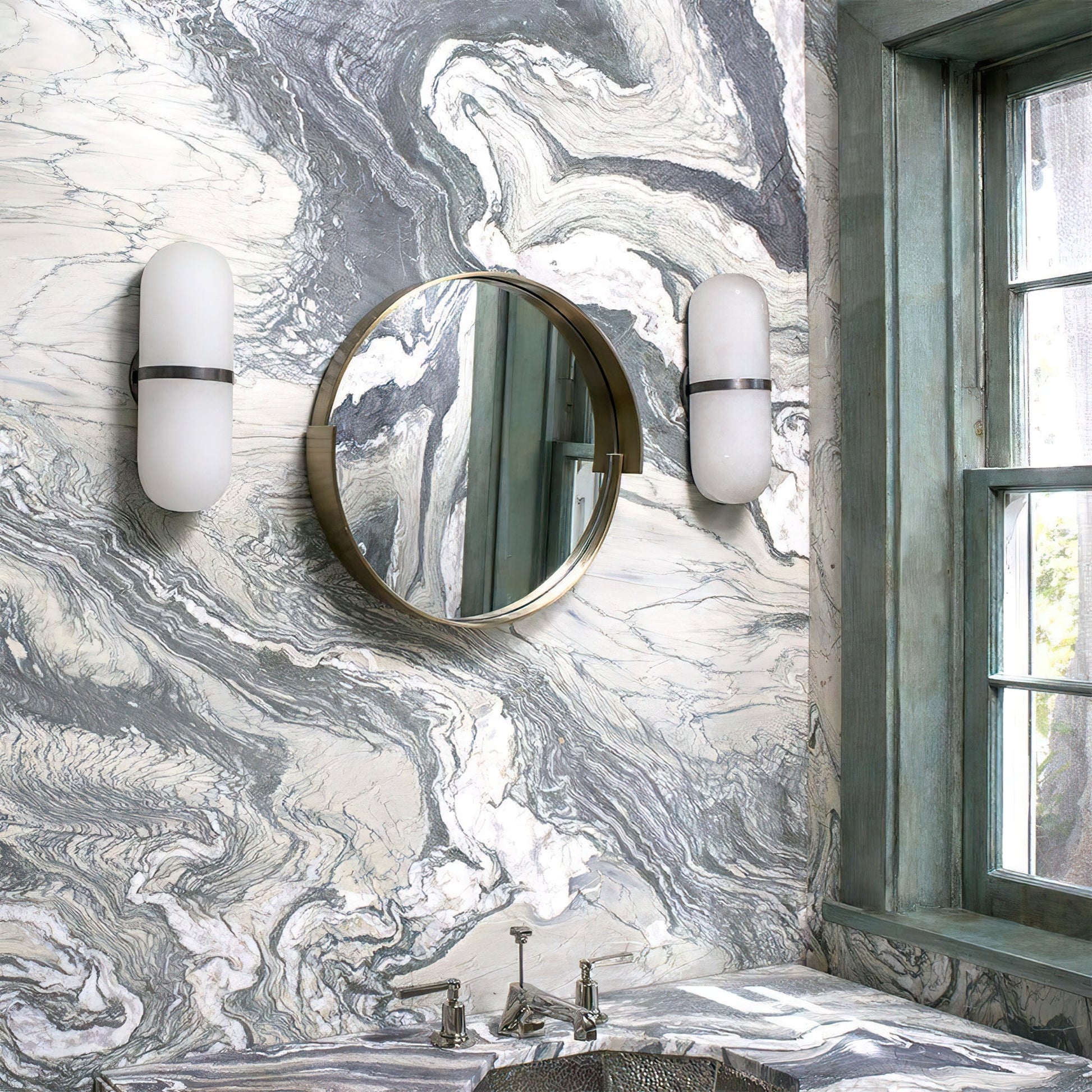 Alabaster Wall Light Fixture | Hand-Carved Natural Stone with Warm LED, Black or Brass Finish for Modern Indoor Accent Lighting