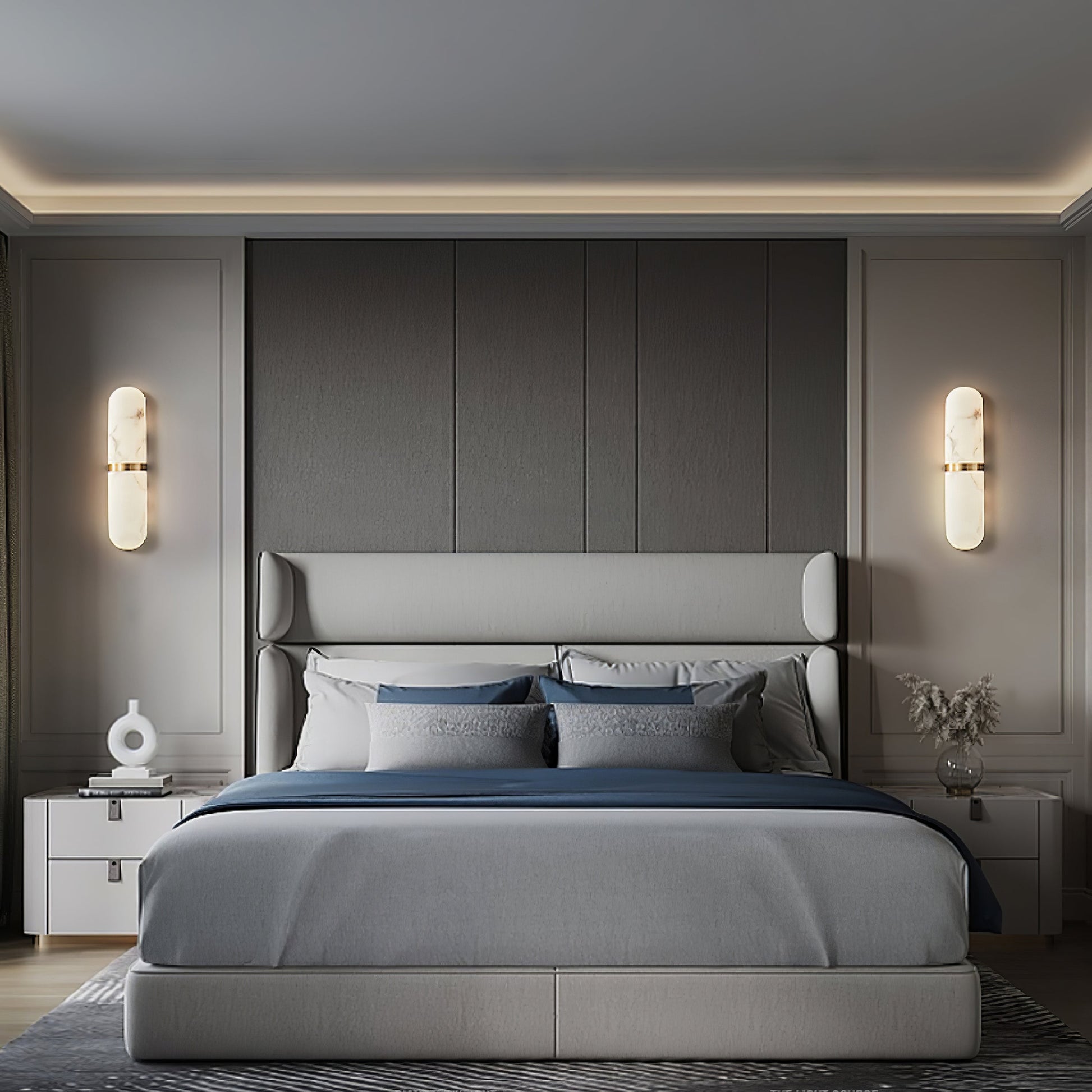 Alabaster Wall Light Fixture | Hand-Carved Natural Stone with Warm LED, Black or Brass Finish for Modern Indoor Accent Lighting