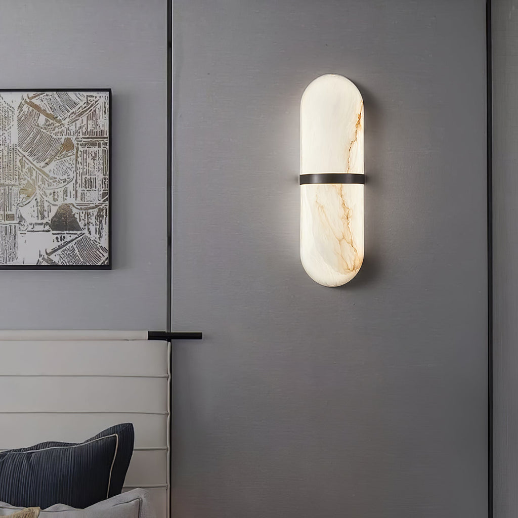 Alabaster Wall Light Fixture | Hand-Carved Natural Stone with Warm LED, Black or Brass Finish for Modern Indoor Accent Lighting