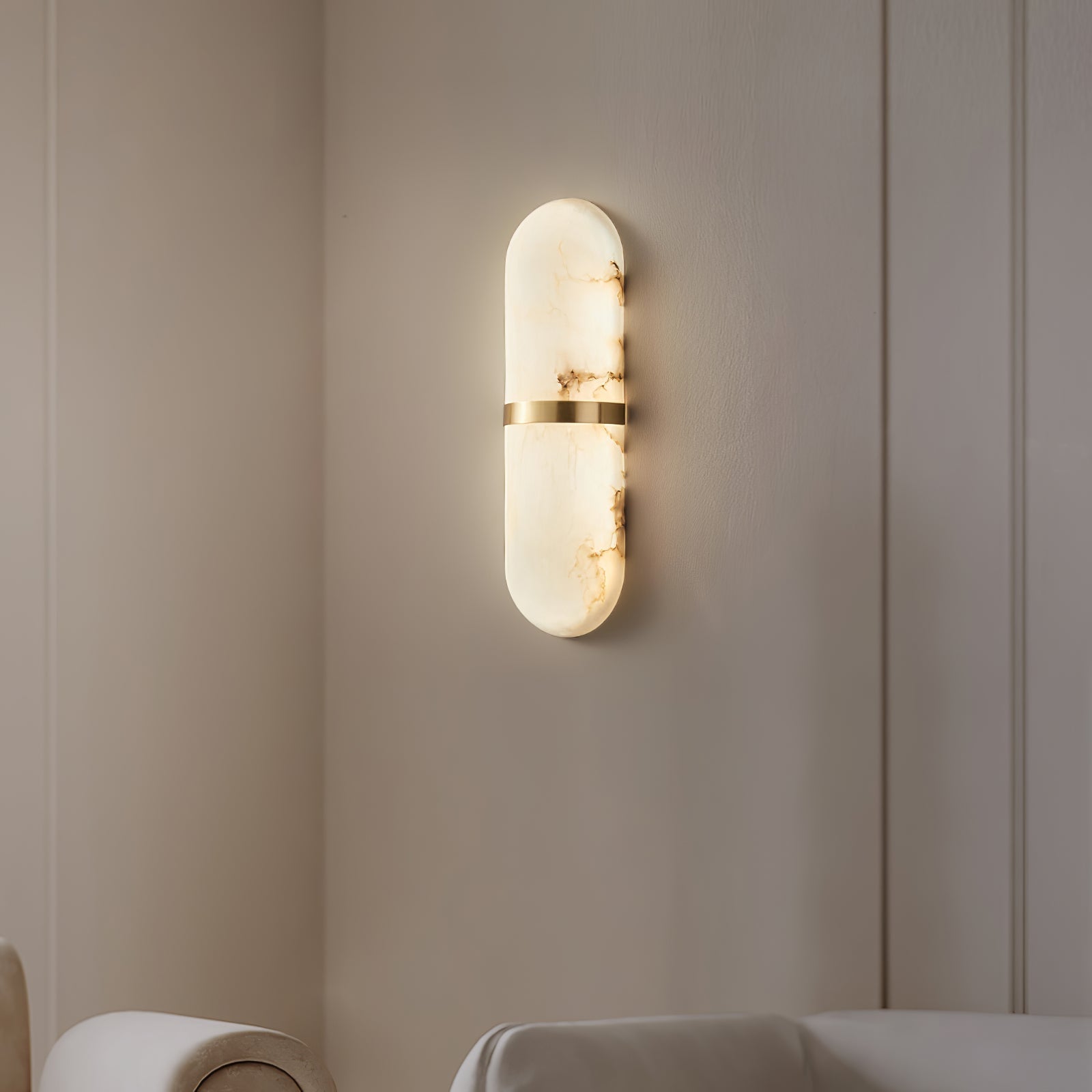 Alabaster Wall Light Fixture | Hand-Carved Natural Stone with Warm LED, Black or Brass Finish for Modern Indoor Accent Lighting