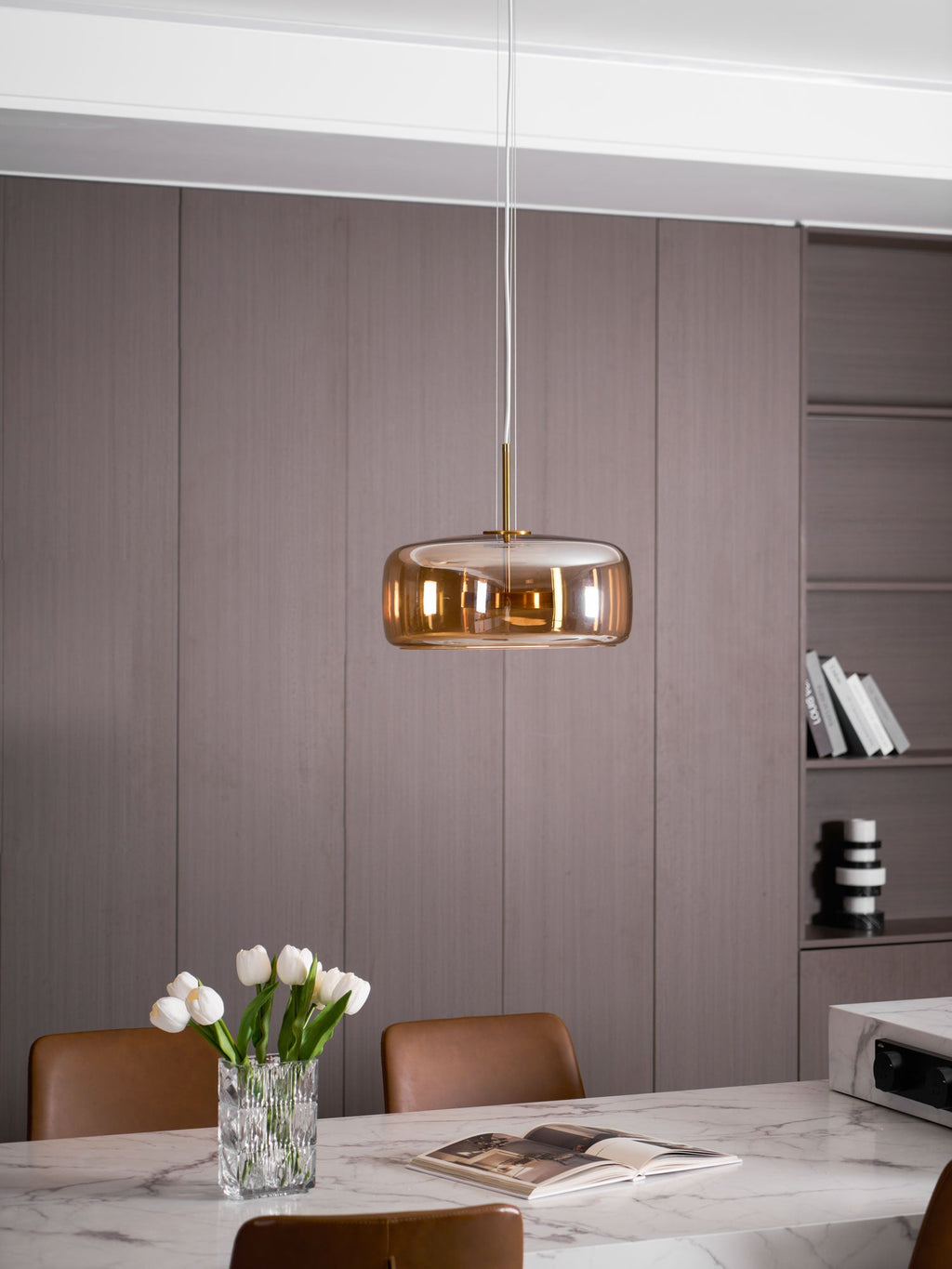 Glass Pendant Lamp | Hand-Blown Smoked Dome with Metal Accents for Modern Home Decor