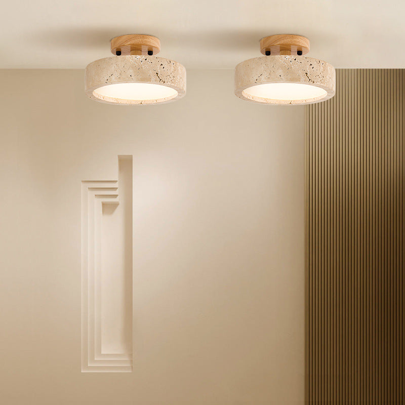Round Yellow Travertine Ceiling Light Fixture for Ambient Lighting in Living Room, Entryway & Bedroom