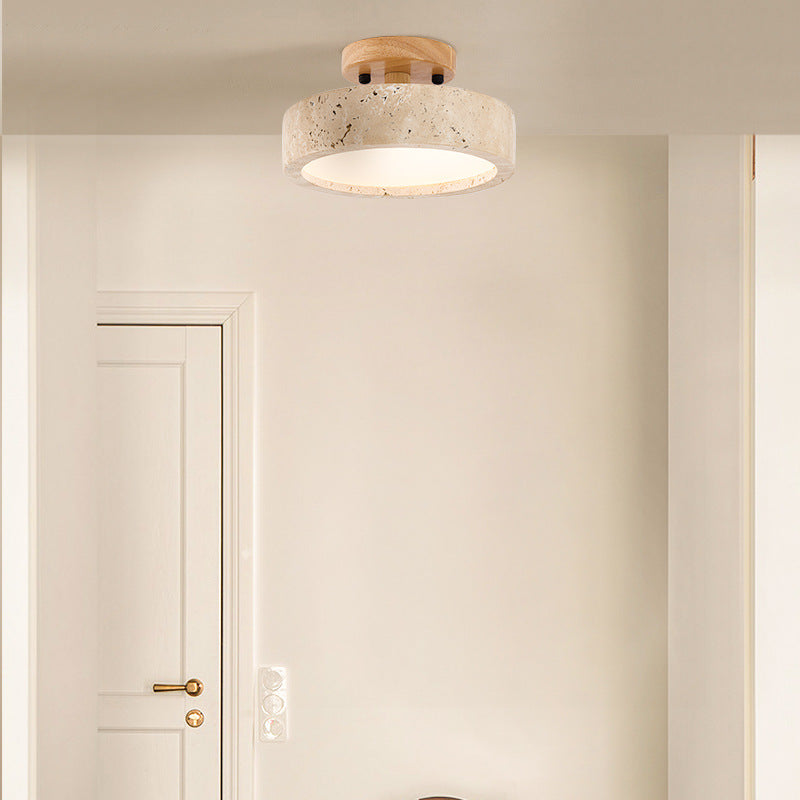 Round Yellow Travertine Ceiling Light Fixture for Ambient Lighting in Living Room, Entryway & Bedroom