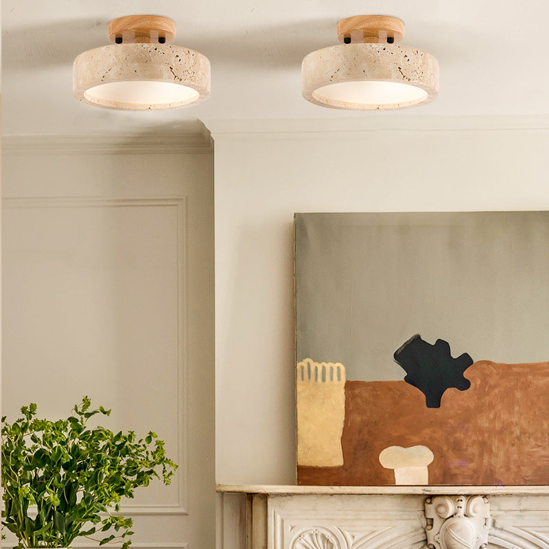 Round Yellow Travertine Ceiling Light Fixture for Ambient Lighting in Living Room, Entryway & Bedroom