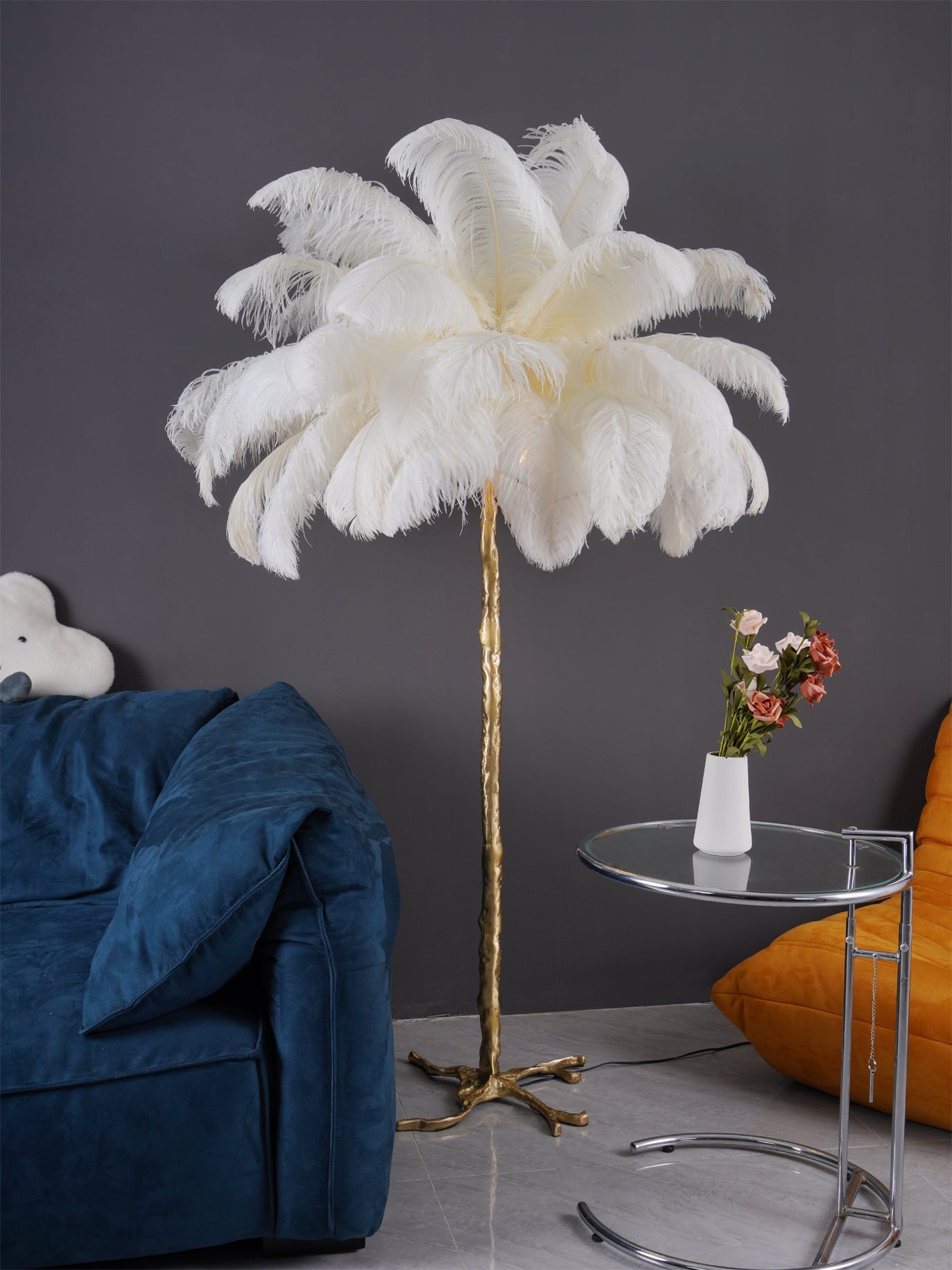 Brass Floor Lamp with Ostrich Feather Shade - Modern Lighting for Living Room & Bedroom Decor
