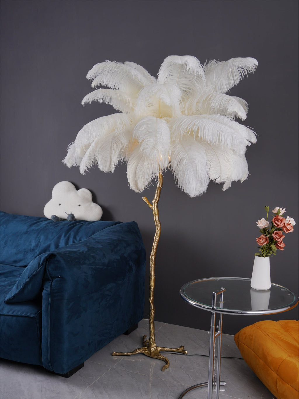Brass Floor Lamp with Ostrich Feather Shade - Modern Lighting for Living Room & Bedroom Decor