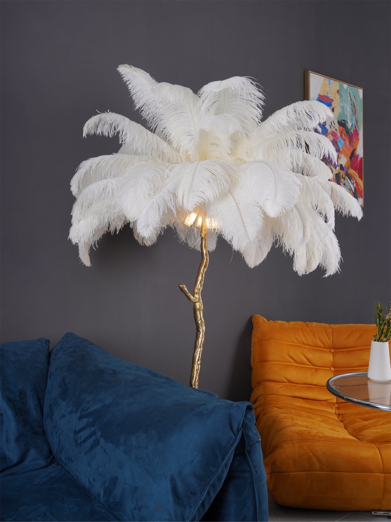 Brass Floor Lamp with Ostrich Feather Shade - Modern Lighting for Living Room & Bedroom Decor