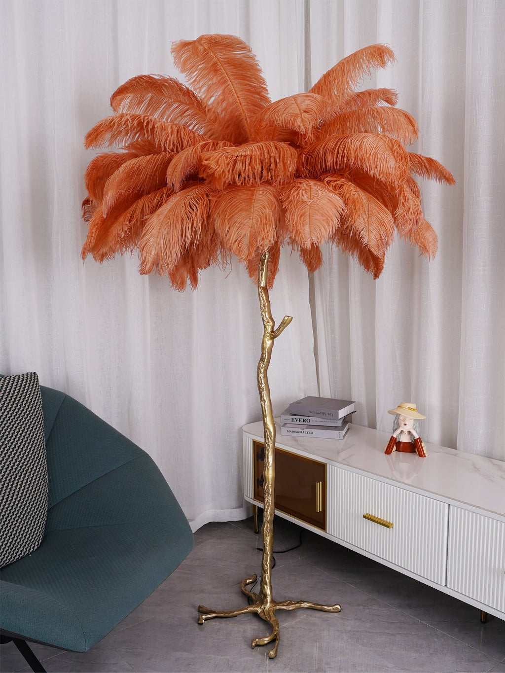 Brass Floor Lamp with Ostrich Feather Shade - Modern Lighting for Living Room & Bedroom Decor