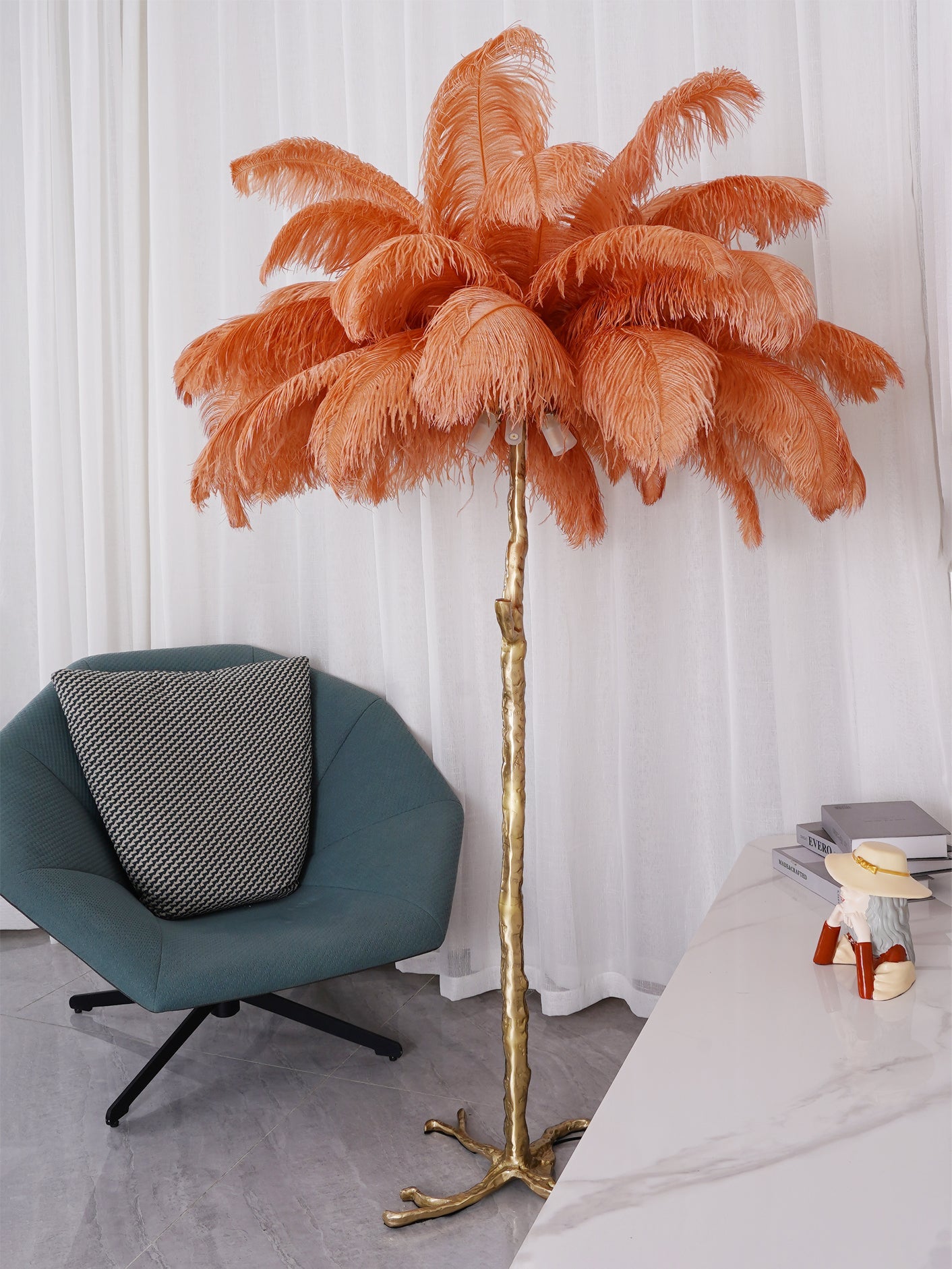 Brass Floor Lamp with Ostrich Feather Shade - Modern Lighting for Living Room & Bedroom Decor